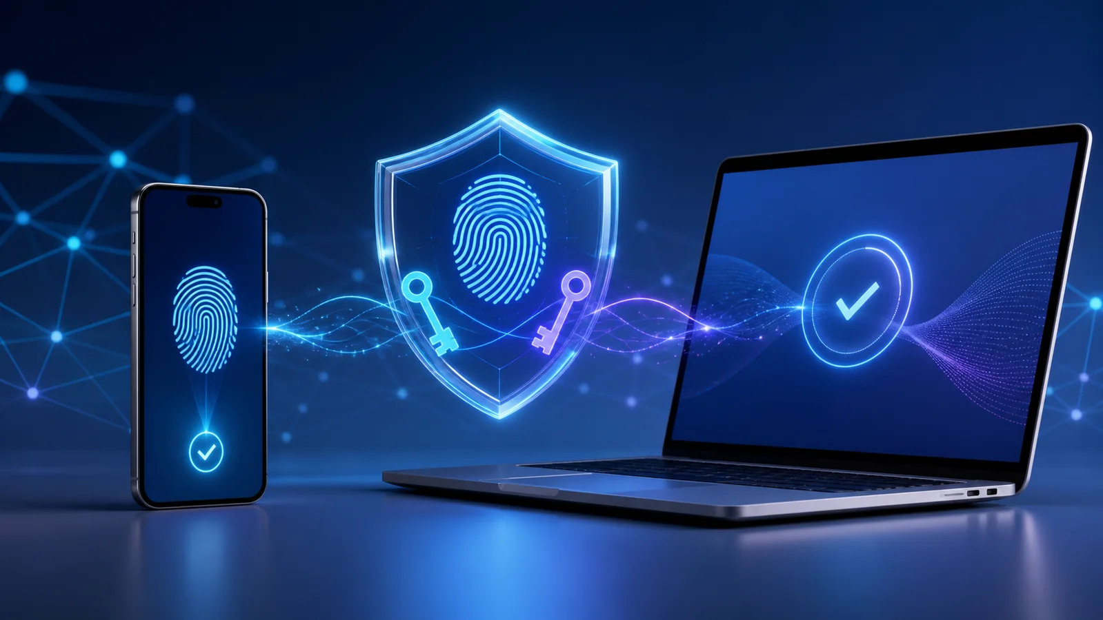 ภาพการเข้าสู่ระบบด้วย Passkey ผ่านลายนิ้วมือบนสมาร์ตโฟนและคอมพิวเตอร์